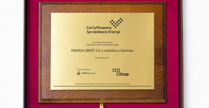 Energa Obrót zdobyła certyfikat rzetelnego sprzedawcy energii Energa Obrót zdobyła certyfikat rzetelnego sprzedawcy energii